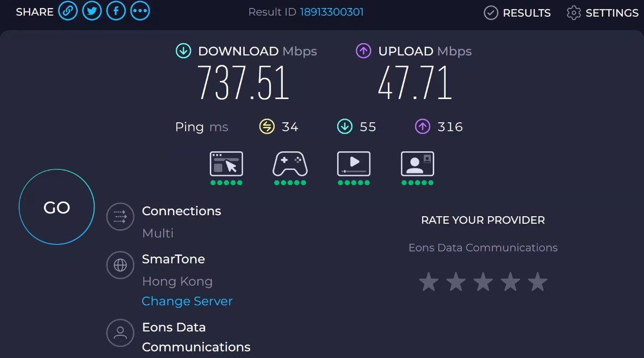 一次 Speedtest 测速结果截图，显示下载 737.51 Mbps、上传 47.71 Mbps、Ping 34 毫秒，测速服务器位于香港